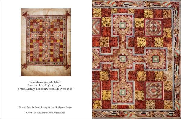 Notecard box of Celtic Knots - Notecard Set; featuring intricate knotwork in blue, and orange. Published by Abbeville Press.