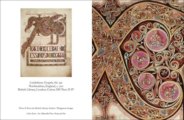 Notecard box of Celtic Knots - Notecard Set; featuring intricate knotwork in blue, and orange. Published by Abbeville Press.