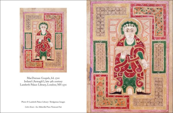 Notecard box of Celtic Knots - Notecard Set; featuring intricate knotwork in blue, and orange. Published by Abbeville Press.