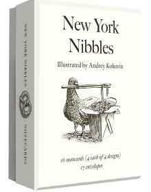 Notecard box of New York Nibbles: An Abbeville Press Mini Notecard Set; with a pigeon with chop sticks in its beck. Published by Abbeville Press.