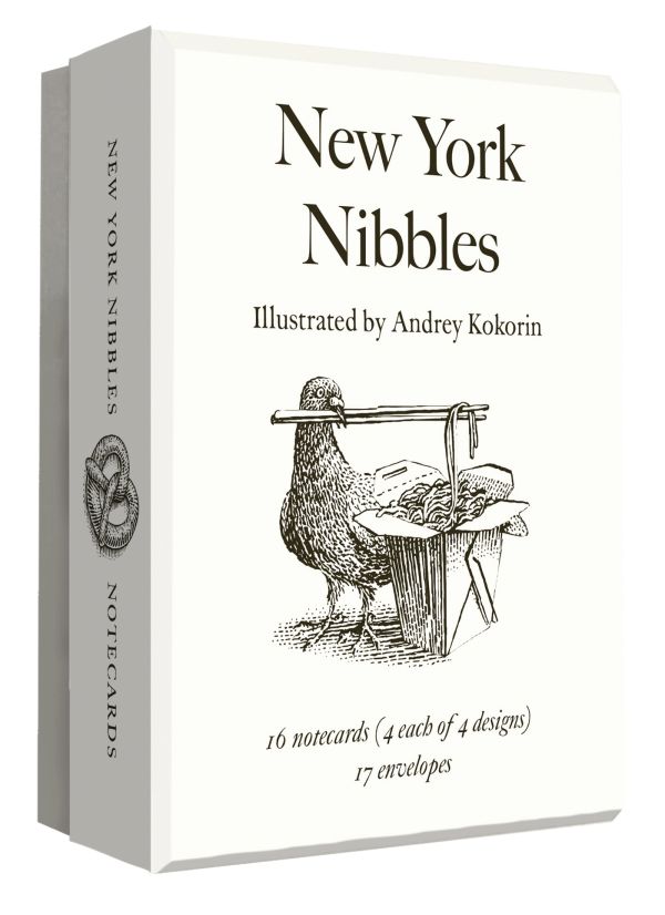 Notecard box of New York Nibbles: An Abbeville Press Mini Notecard Set; with a pigeon with chop sticks in its beck. Published by Abbeville Press.