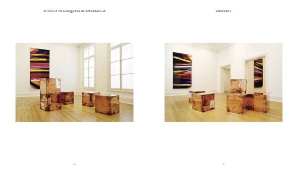 Book cover of Walead Beshty's Addenda to a Sequence of Appearances: Walead Beshty Studios Inc. at Dane Chantala Associates Ltd., 2009–2022, with long canvases on floor of exhibition space. Published by Hurtwood Press Ltd.