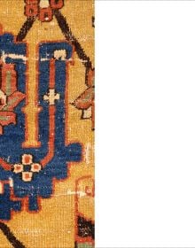 Seven decorative carpet motifs in a circle, on black cover of 'Orient Stars A Carpet Collection', by Hali Publications.