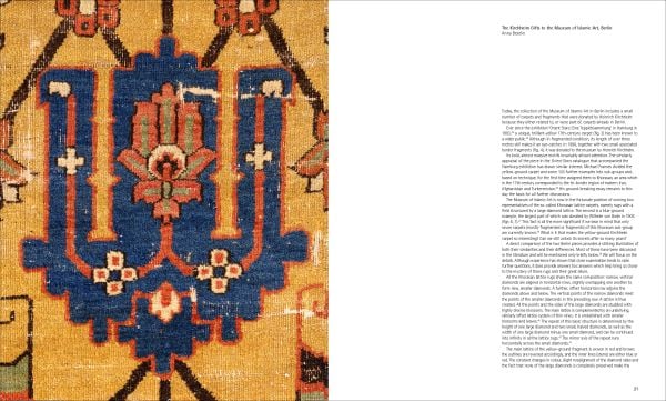 Seven decorative carpet motifs in a circle, on black cover of 'Orient Stars A Carpet Collection', by Hali Publications.