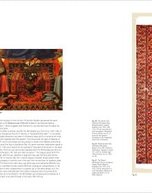 Seven decorative carpet motifs in a circle, on black cover of 'Orient Stars A Carpet Collection', by Hali Publications.