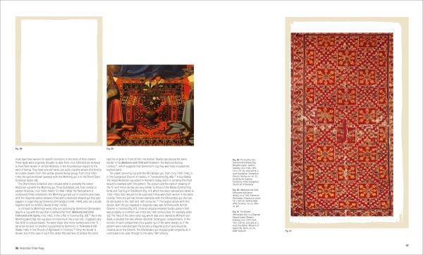 Seven decorative carpet motifs in a circle, on black cover of 'Orient Stars A Carpet Collection', by Hali Publications.