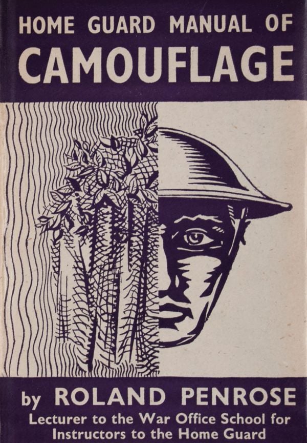 Book cover of Home Guard Manual of Camouflage; featuring a soldier wearing a helmet, with camouflage to left of face. Published by Lee Miller Archives.