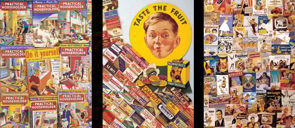 Book cover of The 1950s Scrapbook, with a woman sitting on a chair watching T.V, with her husband washing the dishes in the kitchen. Published by The Museum of Brands.