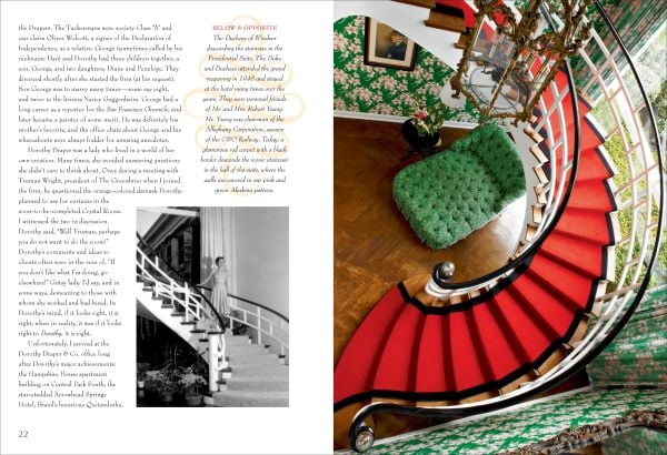 Dark green wall interior with ornate gold mirror, white fire place, floral curtains and cream lamps with Romance and Rhododendrons in white and pink font above