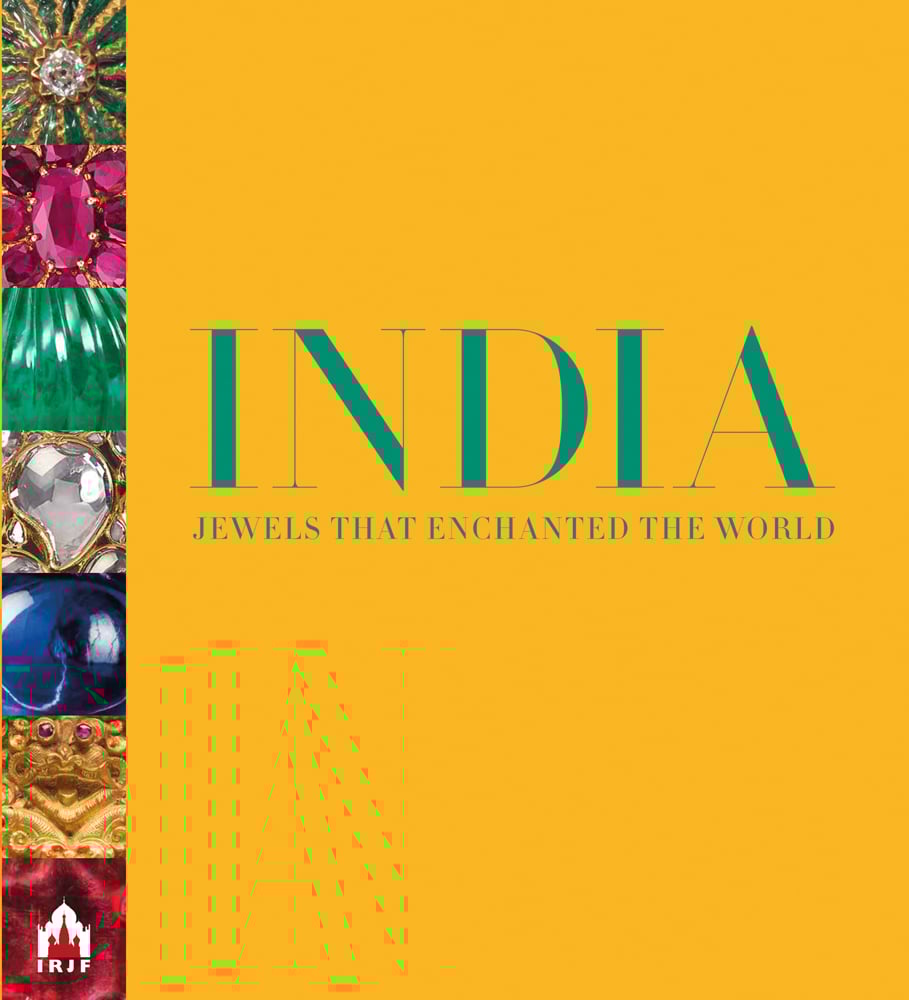 Book cover of 'India, Jewels that Enchanted the World', featuring seven individual coloured jewels down left edge. By World Diamond Museum.
