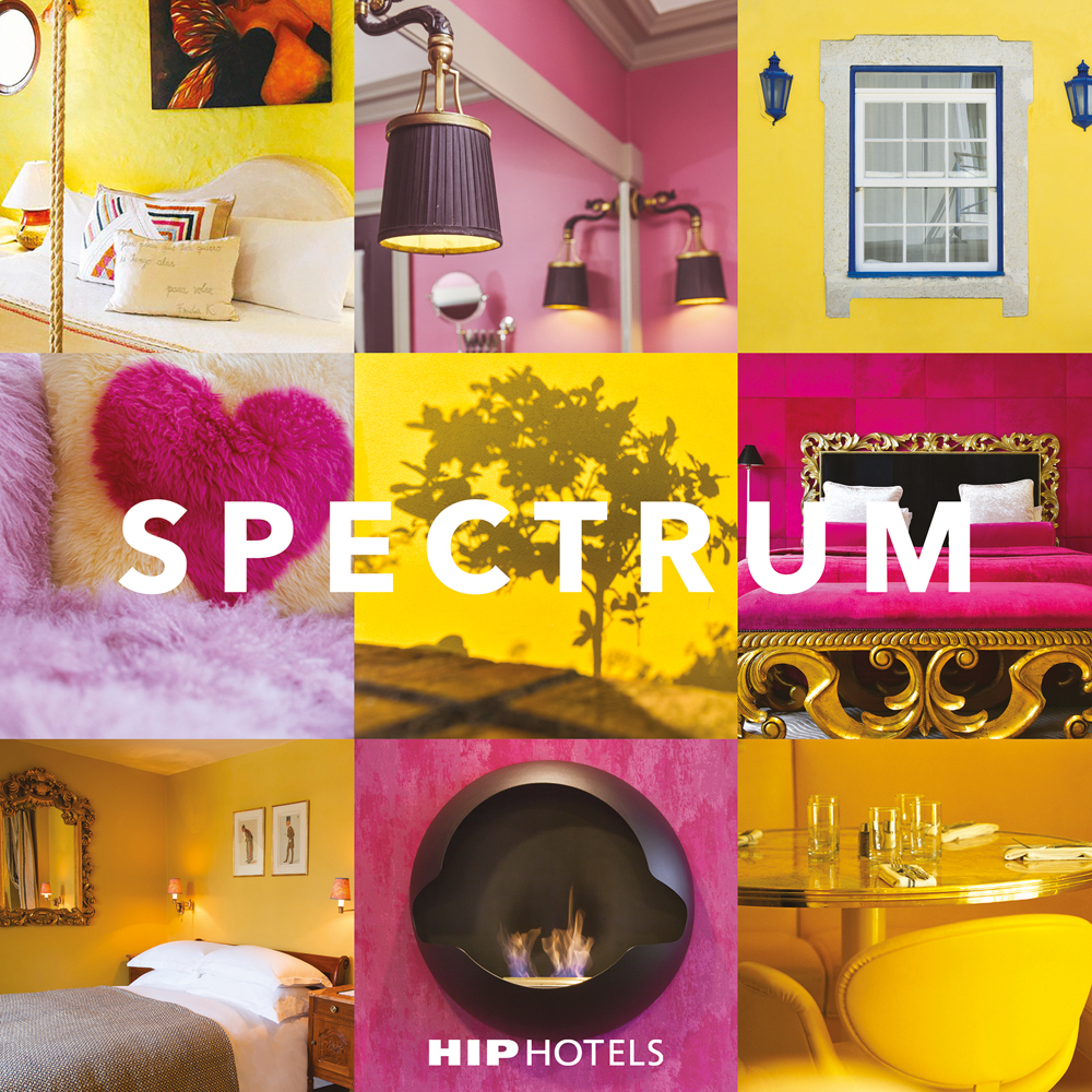 Montage of hotel interior and exterior details, light fixtures, doorways, beds, SPECTRUM HIP HOTELS in white font to centre and below.