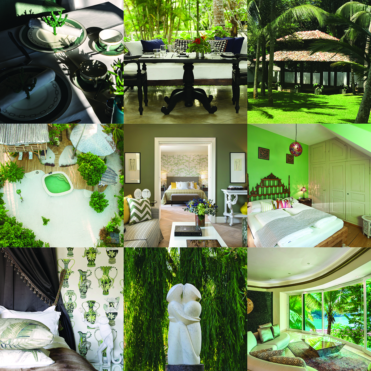 Montage of hotel interior and exterior details, light fixtures, doorways, beds, SPECTRUM HIP HOTELS in white font to centre and below.