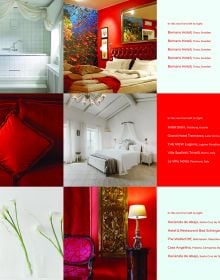 Montage of hotel interior and exterior details, light fixtures, doorways, beds, on cover of 'Spectrum IV: The Other Book', by HIP Hotels.