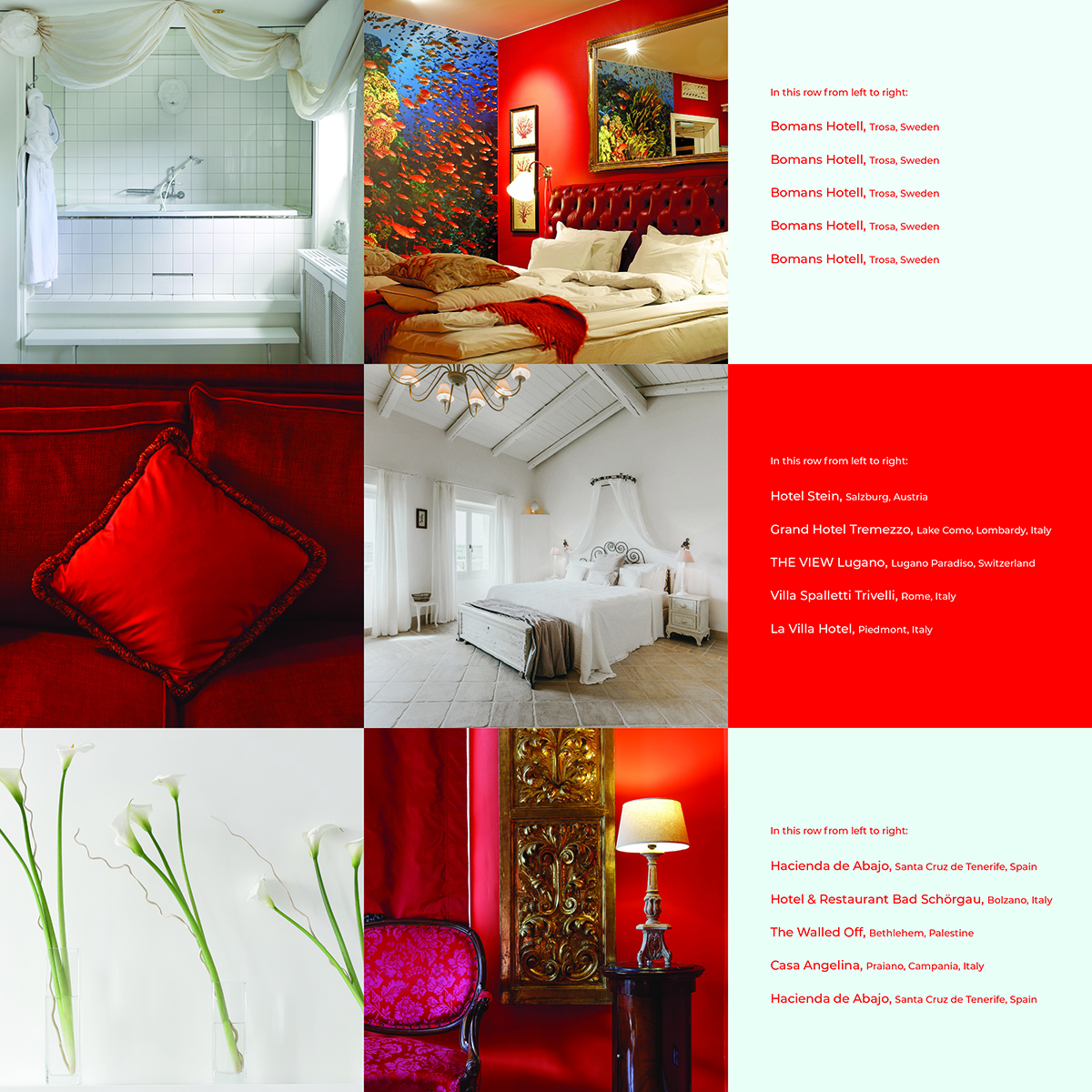 Montage of hotel interior and exterior details, light fixtures, doorways, beds, SPECTRUM HIP HOTELS in white font to centre and below.
