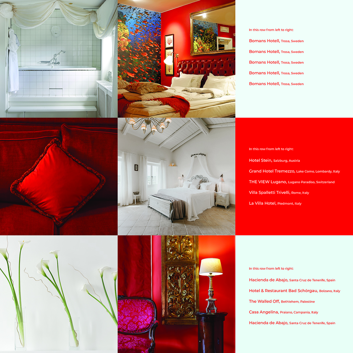 Montage of hotel interior and exterior details, light fixtures, doorways, beds, on cover of 'Spectrum IV: The Other Book', by HIP Hotels.