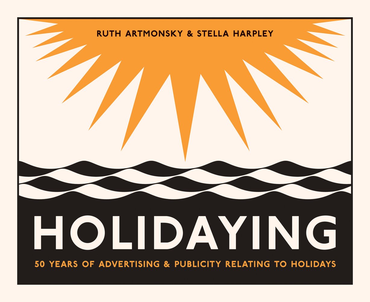 HOLIDAYING in white font on black and white wave graphic, yellow sun above