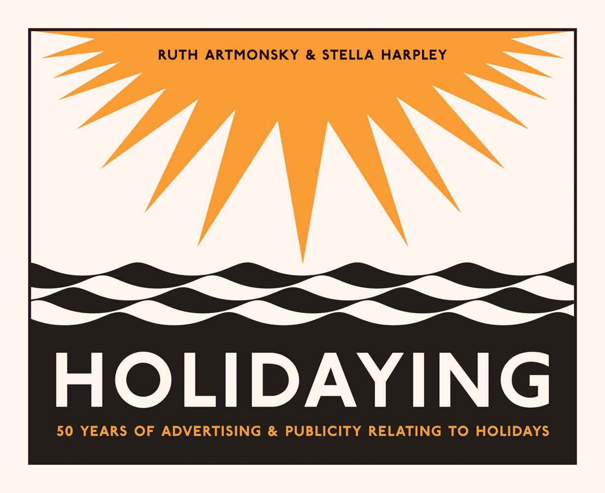 HOLIDAYING in white font on black and white wave graphic, yellow sun above