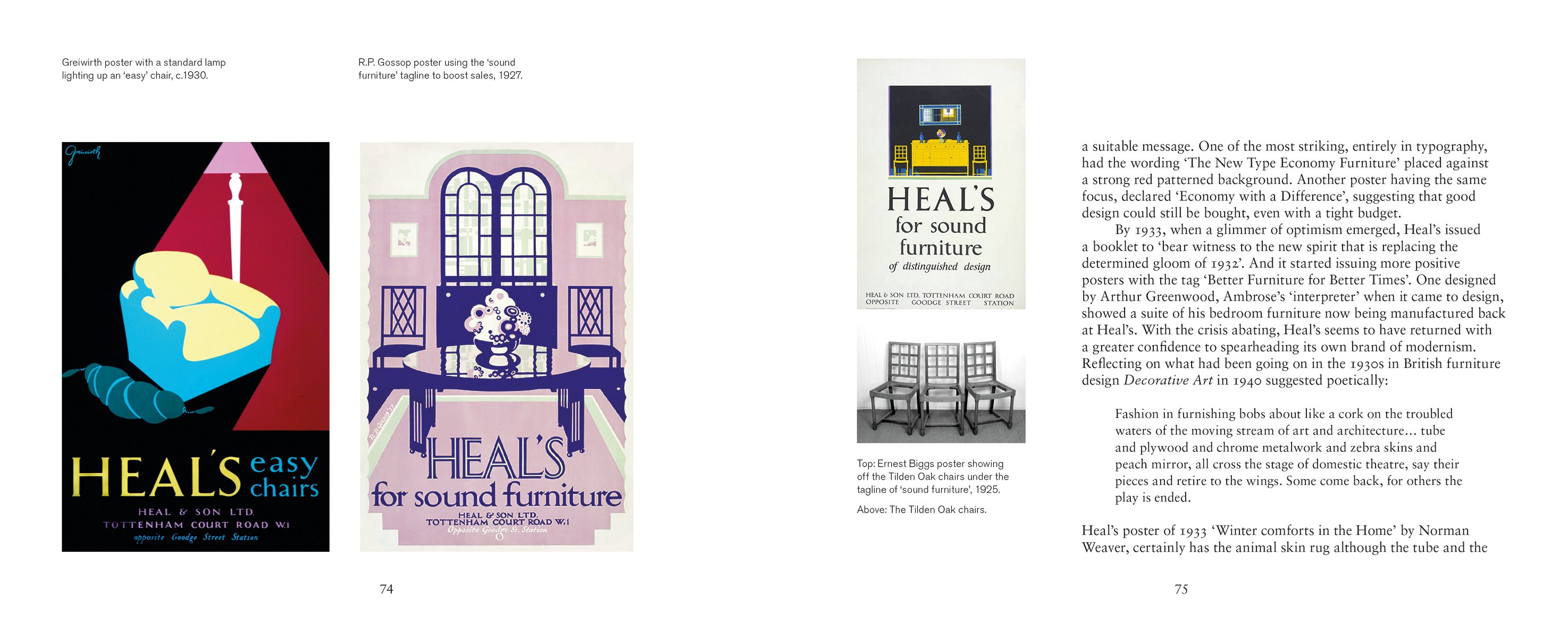 A circular formation letter h's in red and purple, Heal's Posters Advertising Modernism Ruth Artmonsky and Stella Harpley in grey font, white cover.
