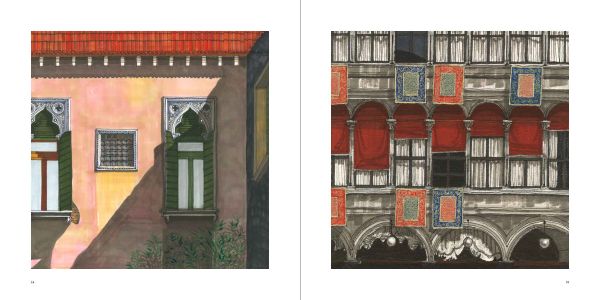 Gold and orange tapestry fabric, curved vase, flowers, crown above, on cover of 'Desmond Freeman Venice, Impressions in Ink', by Desmond Freeman.