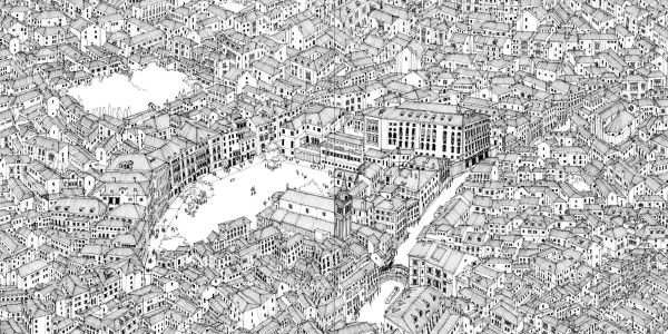 Gold and orange tapestry fabric, curved vase, flowers, crown above, on cover of 'Desmond Freeman Venice, Impressions in Ink', by Desmond Freeman.