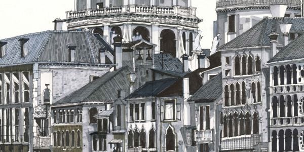Gold and orange tapestry fabric, curved vase, flowers, crown above, on cover of 'Desmond Freeman Venice, Impressions in Ink', by Desmond Freeman.