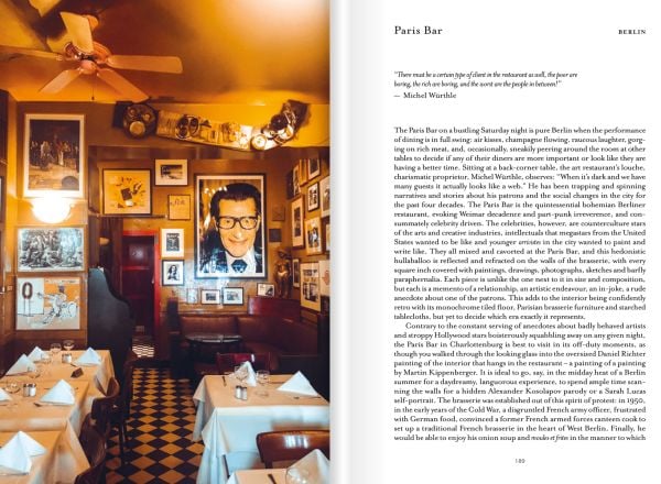 Book cover of Aesthetic Dining The Art Restaurant Around the World, with a fork, a knife, two spoons and a page with a chicken. Published by Cultureshock.