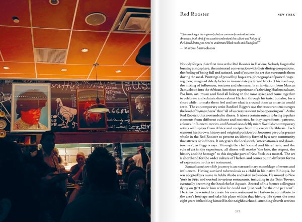 Book cover of Aesthetic Dining The Art Restaurant Around the World, with a fork, a knife, two spoons and a page with a chicken. Published by Cultureshock.