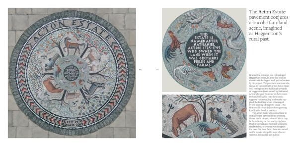 Book cover of Tessa Hunkin's Hackney Mosaic Project; featuring a mosaic of a tree with three birds. Published by Spitalfields Life Books.