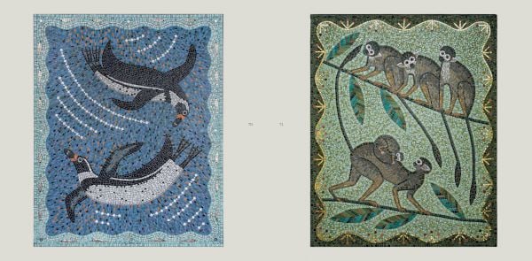 Book cover of Tessa Hunkin's Hackney Mosaic Project; featuring a mosaic of a tree with three birds. Published by Spitalfields Life Books.