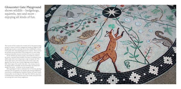 Book cover of Tessa Hunkin's Hackney Mosaic Project; featuring a mosaic of a tree with three birds. Published by Spitalfields Life Books.