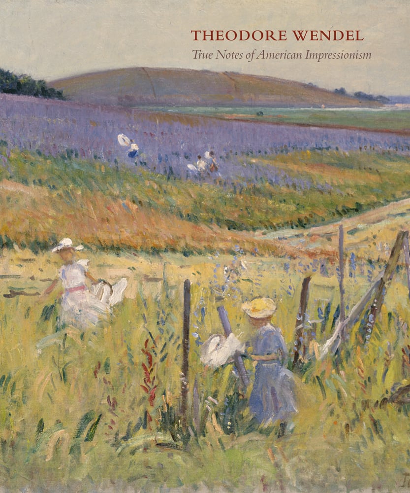 Oil painting, The Butterfly Catchers by Theodore Wendel, THEODORE WENDEL True Notes of American Impressionism in brown font above.