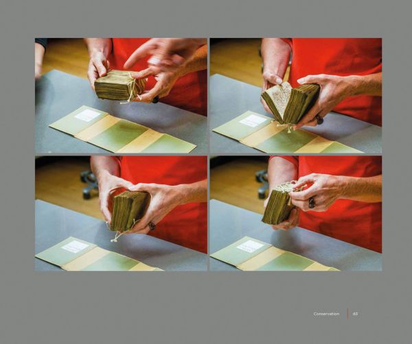 Group of people looking through large library books, on grey cover, Photographing Shakespeare in gold font below