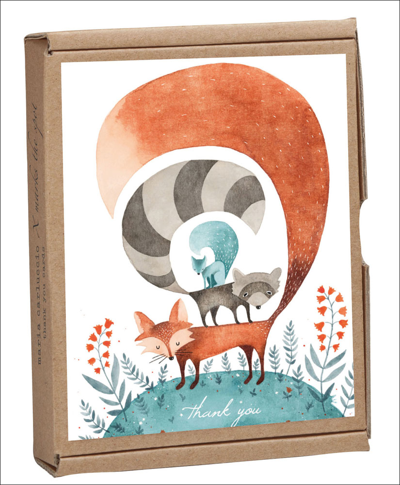 Eva Juliet's cute forest animal design with fox, badger and squirrel, to notecard box, by teNeues stationery.
