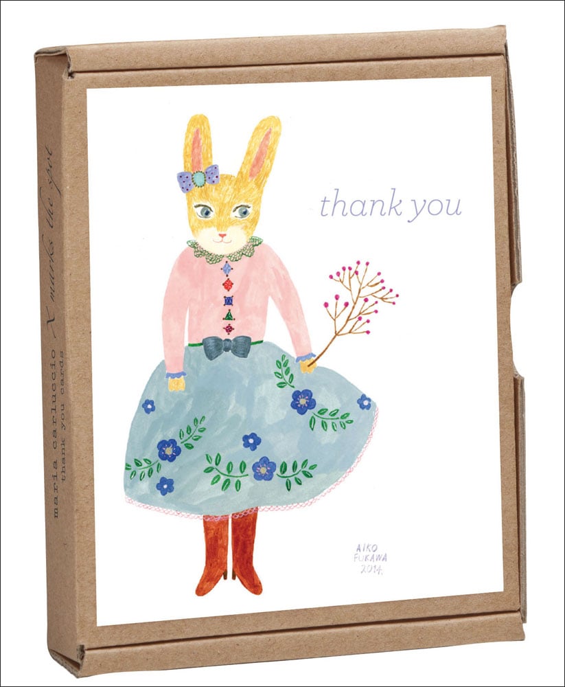 Aiko Fukawa's cute bunny dressed in skirt and cardigan design, to 'thank you' notecard box, by teNeues' Stationery.