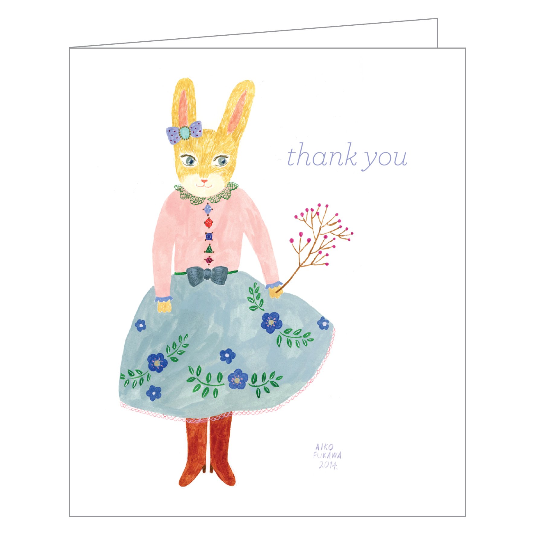 Aiko Fukawa's cute bunny dressed in skirt and cardigan design, to 'thank you' notecard box, by teNeues' Stationery.