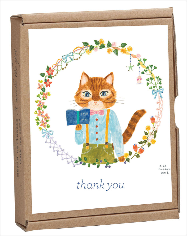 Aiko Fukawa's cute design of cat in clothes reading a fish book, on 'thank you' note card, by teNeues Stationery.