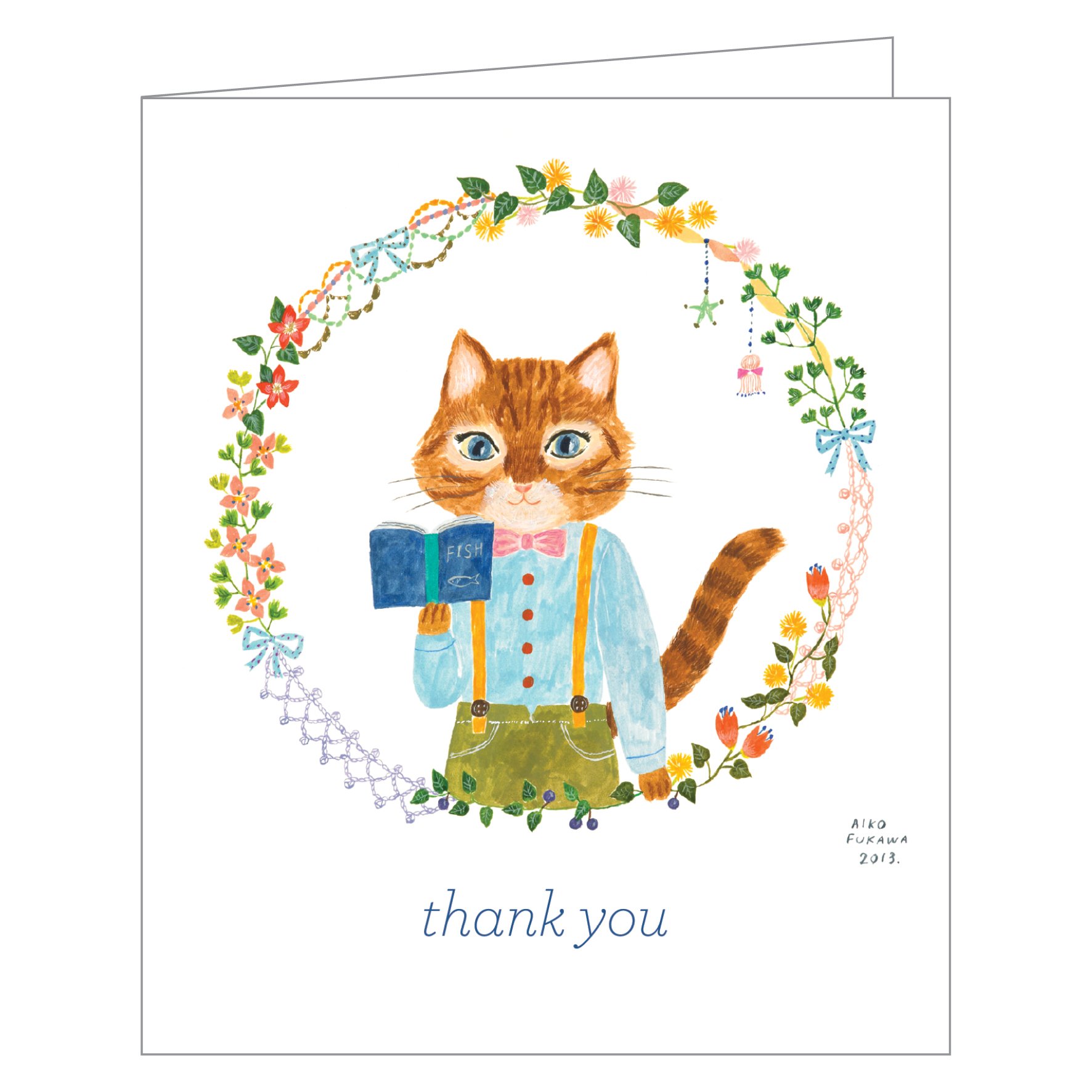 Aiko Fukawa's cute design of cat in clothes reading a fish book, on 'thank you' note card, by teNeues Stationery.