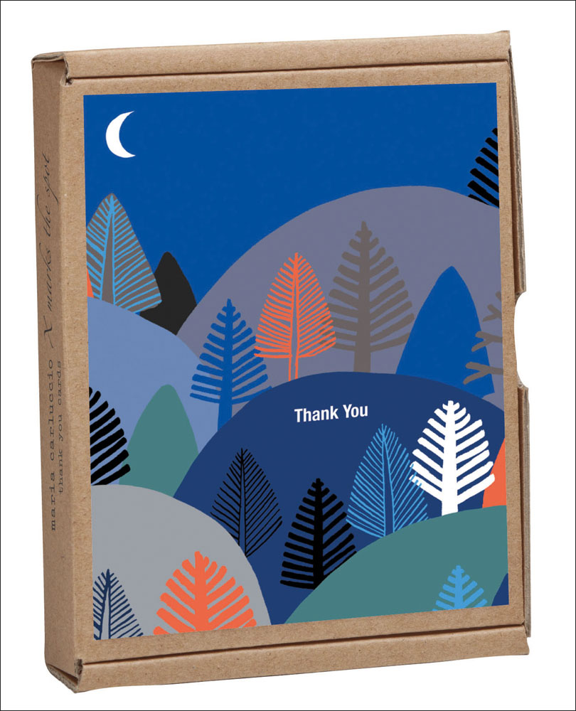 Amy van Luijk's 'Nightfall' design of forest at night-time, on notecard box, by teNeues stationery.