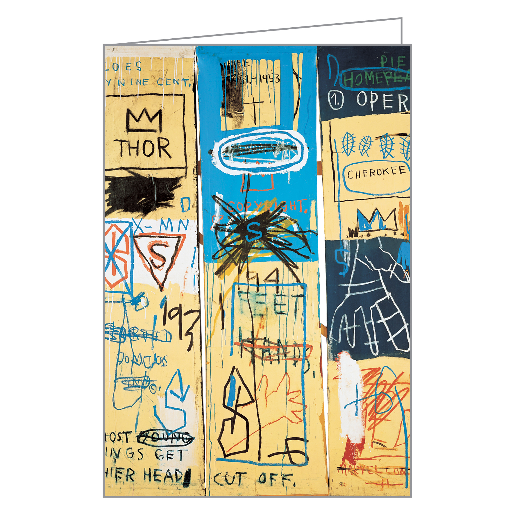 Graffiti style painting 'Bird on Money' by Jean-Michel Basquiat, to cover of notecard box, by teNeues stationery.