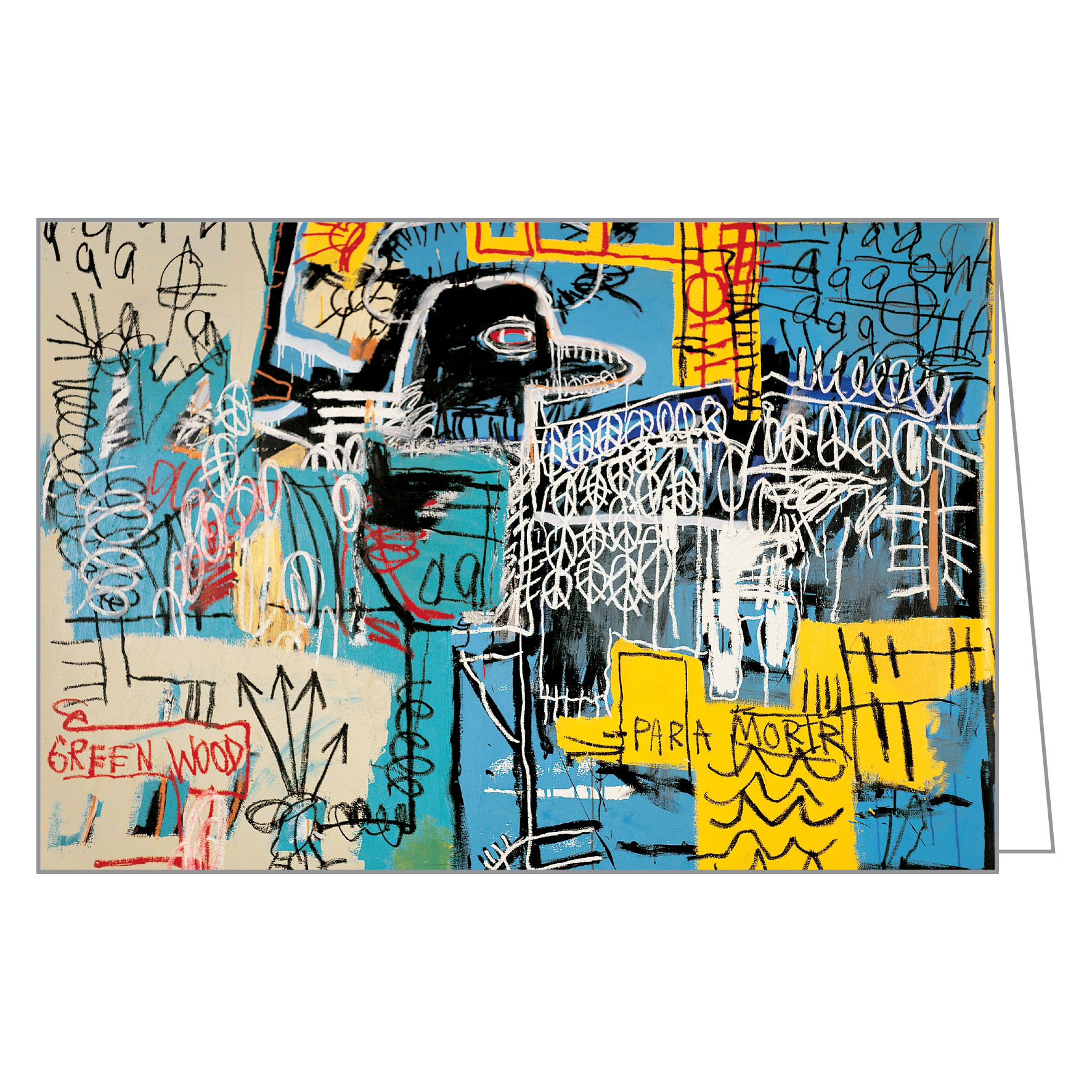 Graffiti style painting 'Bird on Money' by Jean-Michel Basquiat, to cover of notecard box, by teNeues stationery.
