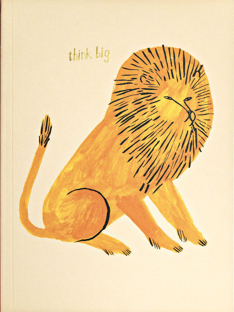 Jen Collins's bright gold lion, 'think big' in gold font above, on notebook, by teNeues Stationery.
