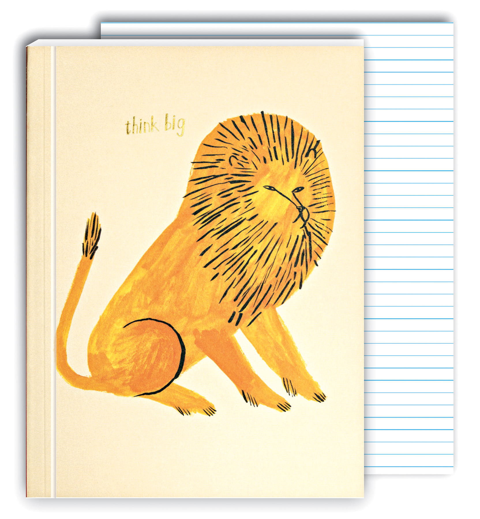 Jen Collins's bright gold lion, 'think big' in gold font above, on notebook, by teNeues Stationery.