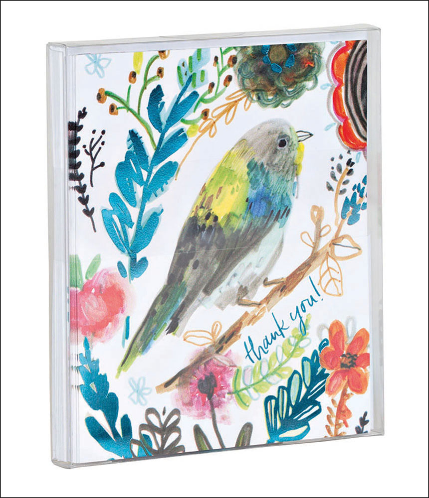 Jennifer Orkin's bold bird and floral illustration, 'thank you' in blue font below, on notecard, by teNeues stationery.