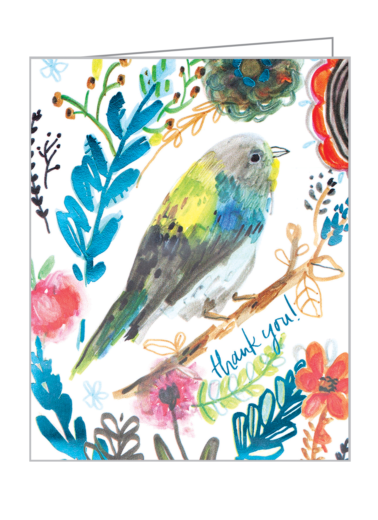 Jennifer Orkin's bold bird and floral illustration, 'thank you' in blue font below, on notecard, by teNeues stationery.