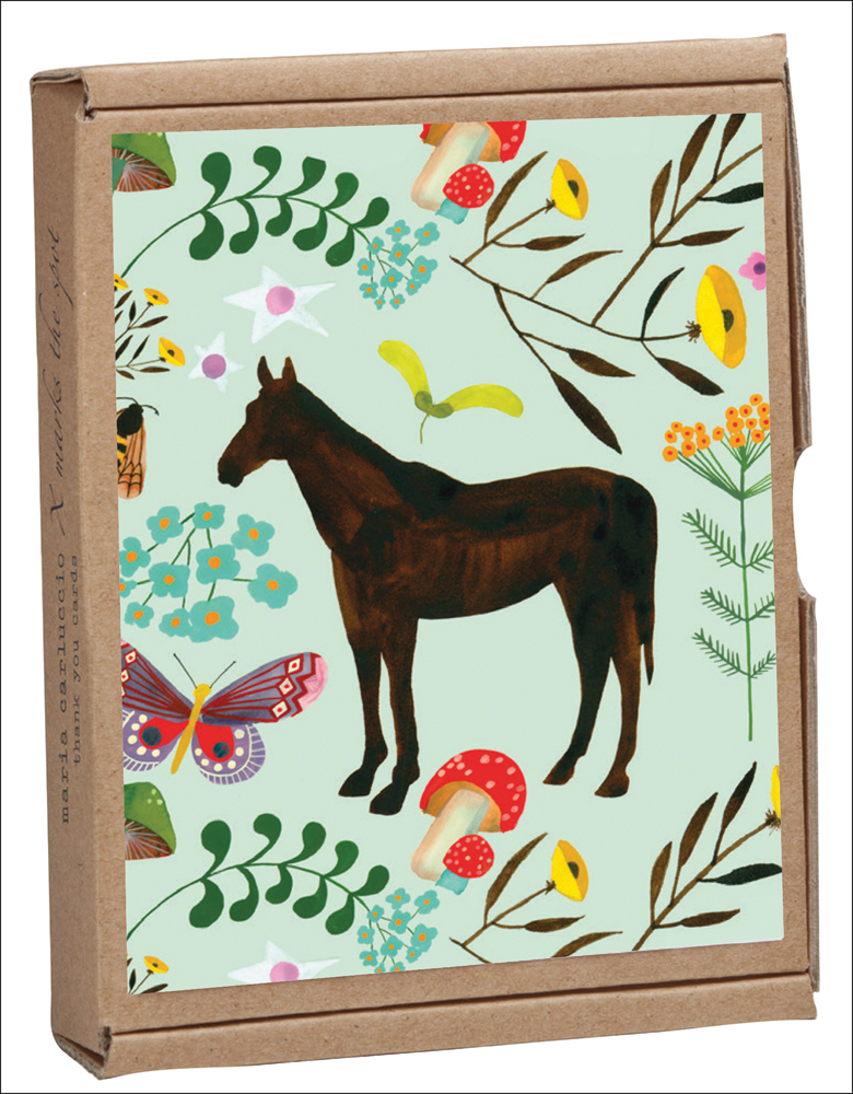 Anisa Makhoul's folk art horse and wild flora and fauna design, to notecard box, by teNeues Stationery.
