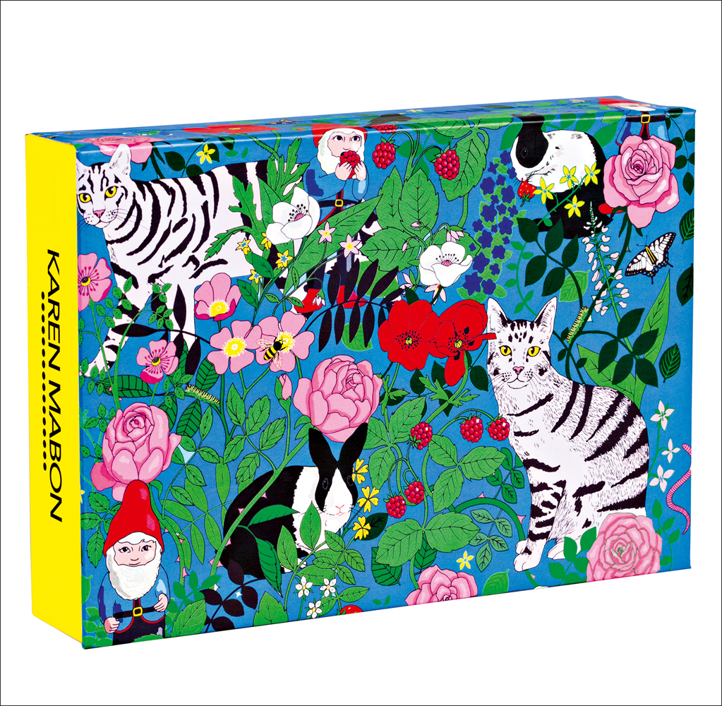 Karen Mabon's colourful garden gnome design, on notecard box, by teNeues Stationery.