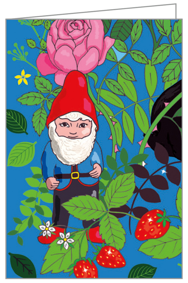 Karen Mabon's colourful garden gnome design, on notecard box, by teNeues Stationery.