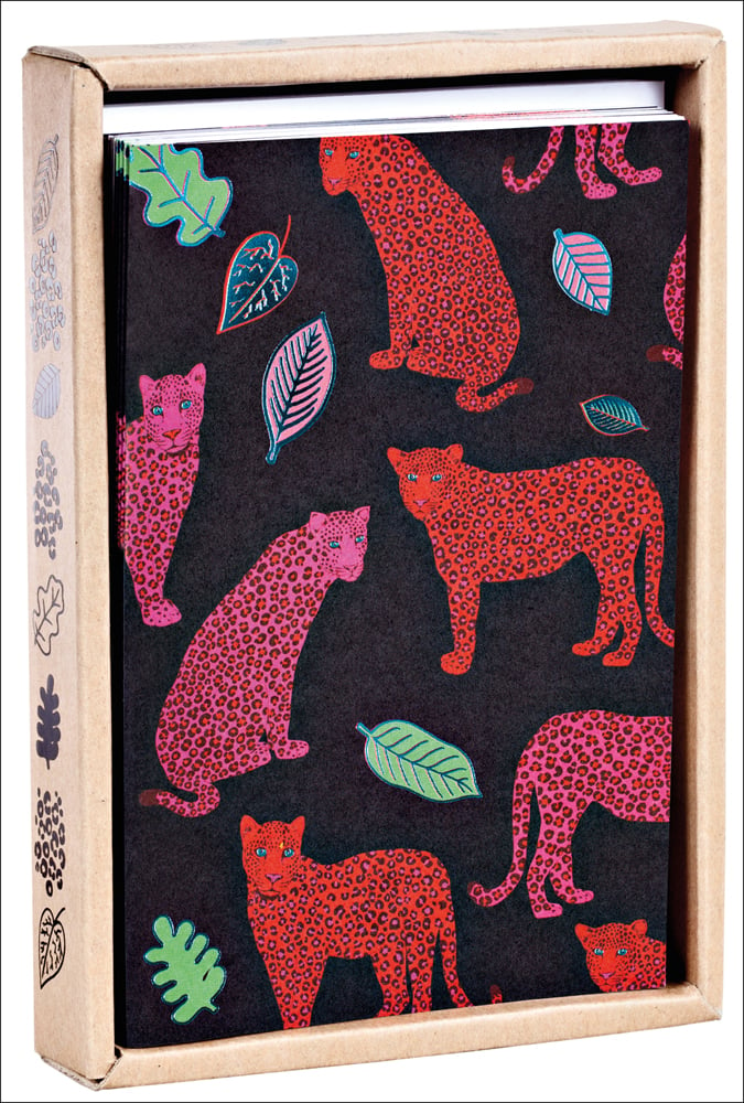 Black cover with bright orange and pink leopards with blue and black spots, and pink blue and green leaves dotted about
