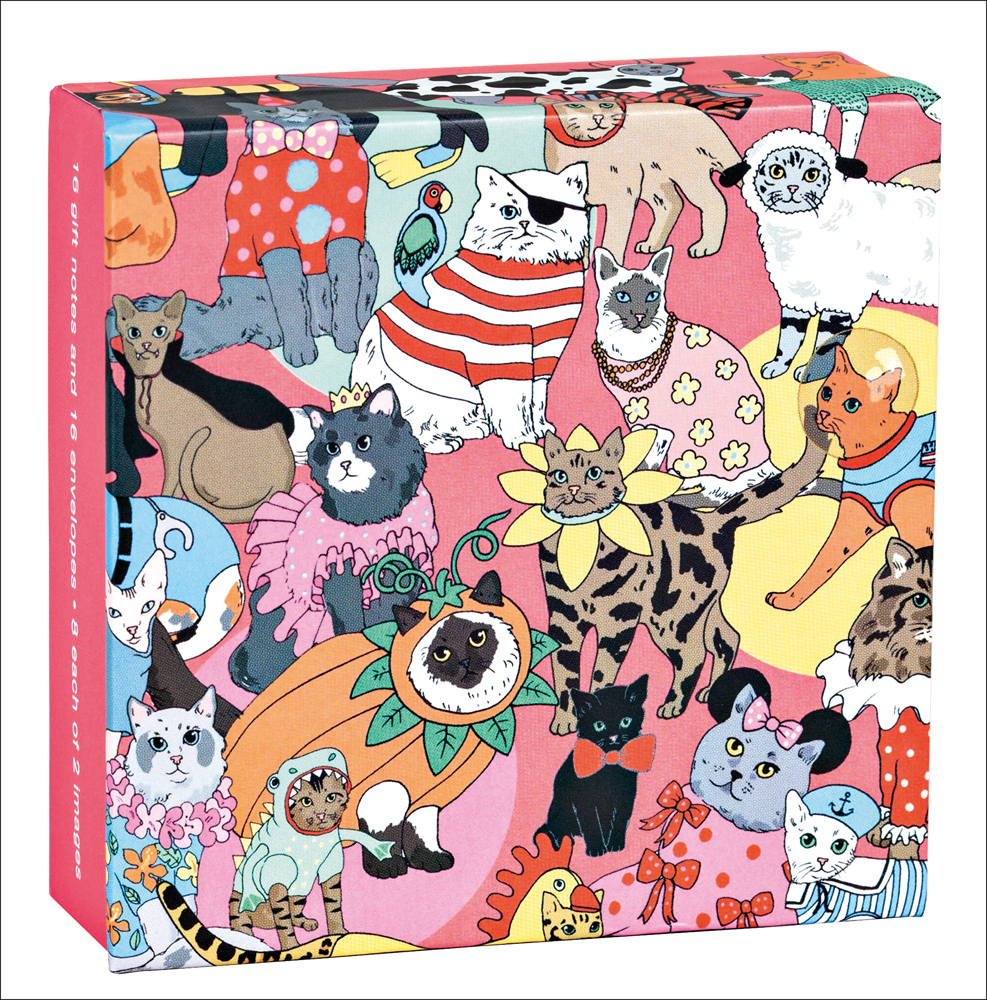 Pink cover with colour illustrations of cats in fancy dress costumes; pirates, pumpkins, frogs, sheep, sailors, flowers, astronauts