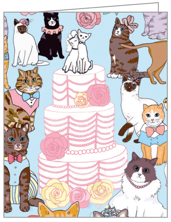 Light blue cover with fine lined illustrations of bride and groom cats with cat guests in wedding attire with large tiered cake in centre